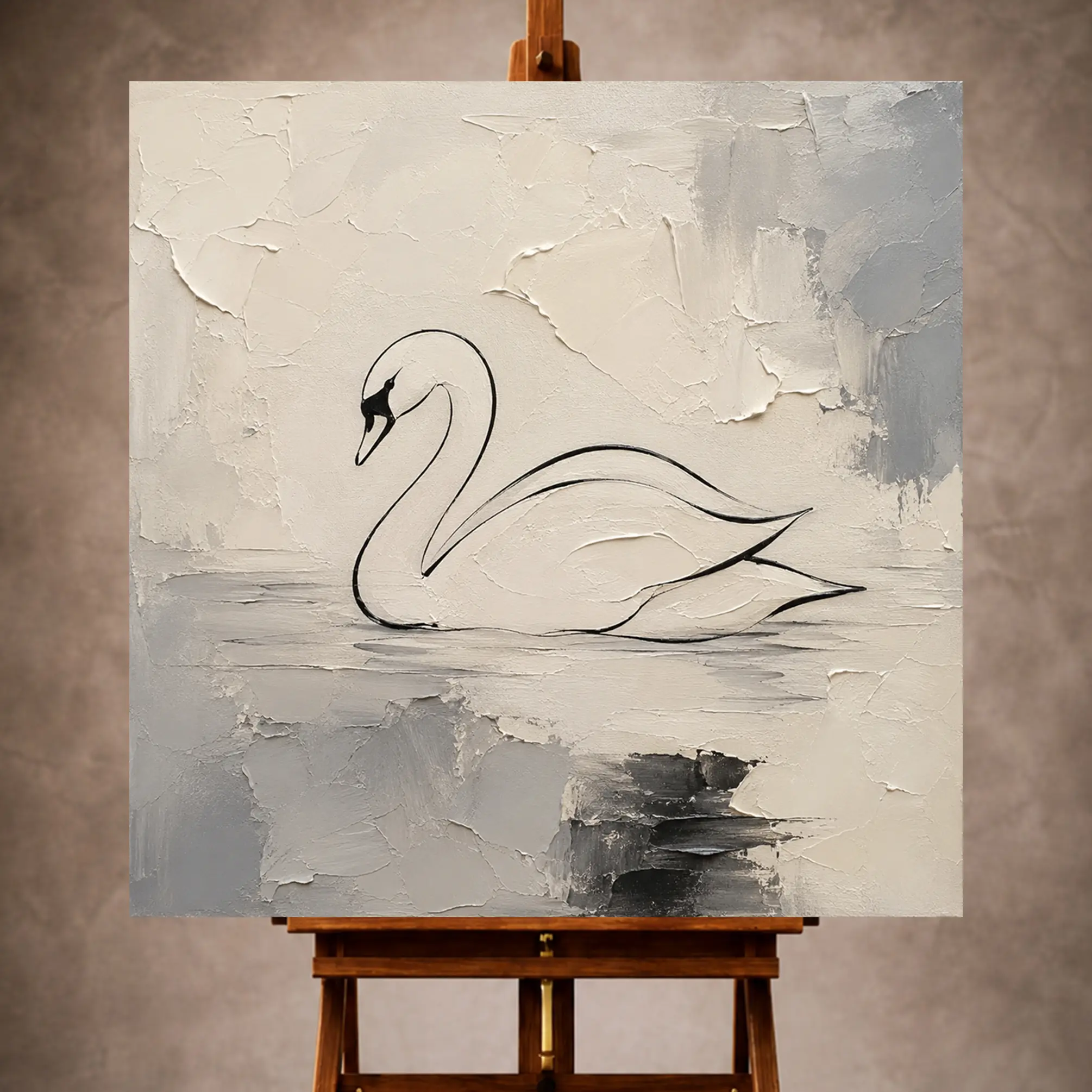 Premium Wall Art Kare Html Edition – MINIMALIST033 Image 1 Ivory Minimalist Wall Art print featuring a graceful black line swan for elegant interiors