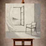 Ivory Minimalist Wall Art print featuring an open window, flowing curtain, and single chair for elegant interiors