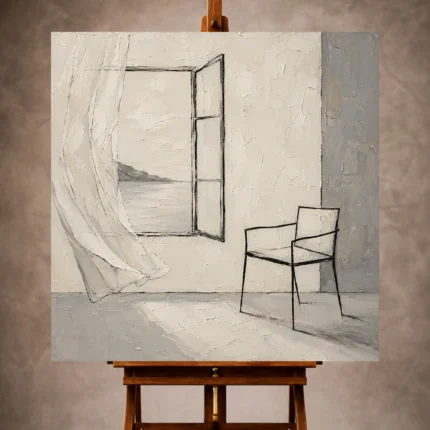 Ivory Minimalist Wall Art print featuring an open window, flowing curtain, and single chair for elegant interiors