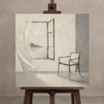 Ivory Interior Scene Minimalist Wall Art Canvas Print displayed on a studio easel