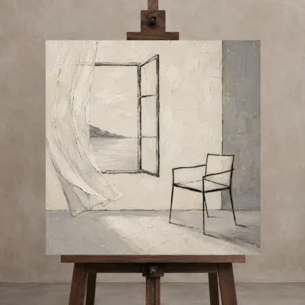 Ivory Interior Scene Minimalist Wall Art Canvas Print displayed on a studio easel