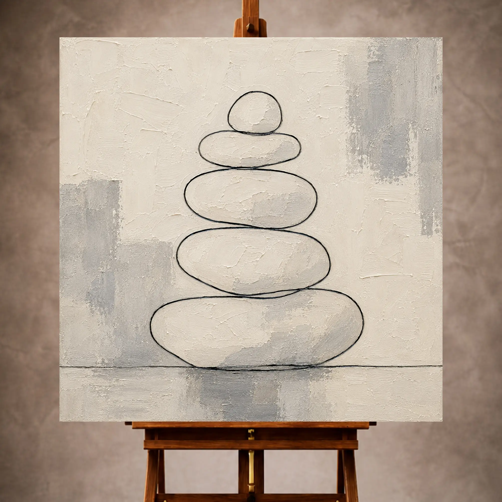 Premium Wall Art Kare Html Edition – MINIMALIST035 Image 1 Ivory Minimalist Wall Art print featuring stacked stone forms in black contour lines for elegant interiors