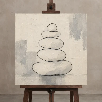 Ivory Stacked Stone Minimalist Wall Art Canvas Print displayed on a studio easel