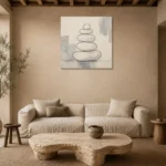 Ivory Stacked Stone Minimalist Wall Art Canvas Print presented in a sophisticated home setting