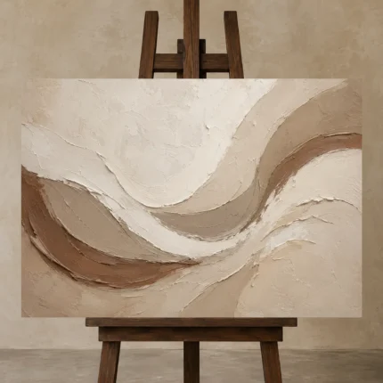 Sweeping Crescent Forms Minimalist Wall Art Canvas Print displayed on a studio easel