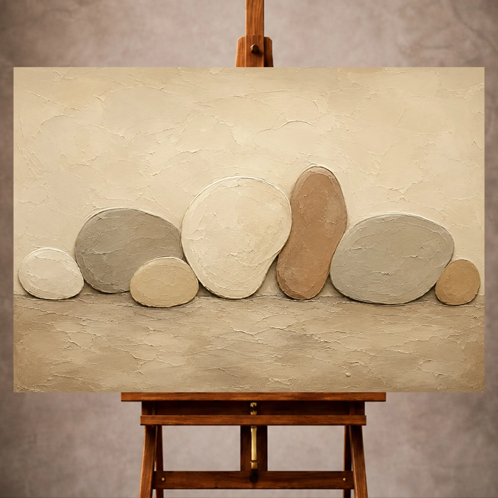 Premium Wall Art Yatay Html Edition – MINIMALIST042 Image 1 Ivory and taupe Minimalist Wall Art print featuring rhythmic river-stone forms for serene interiors