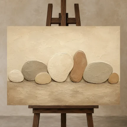 River Stone Rhythm Minimalist Wall Art Canvas Print displayed on a studio easel
