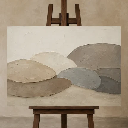 Weathered Stone Forms Minimalist Wall Art Canvas Print displayed on a studio easel
