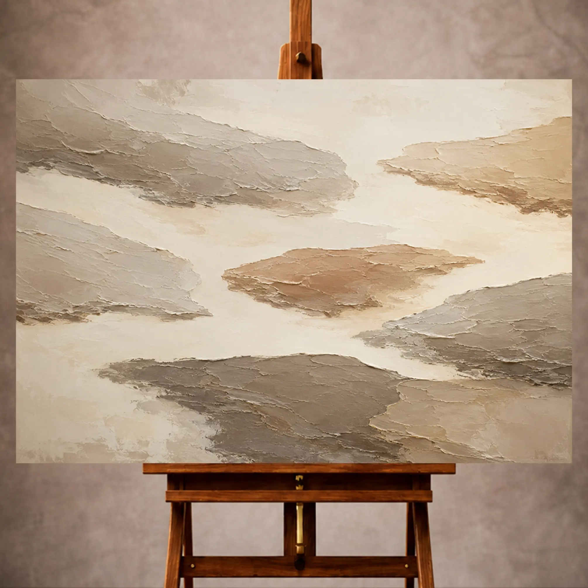 Premium Wall Art Yatay Html Edition – MINIMALIST045 Image 1 Taupe and ivory Minimalist Wall Art print featuring floating island-like organic forms for elegant interiors