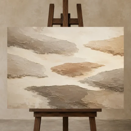 Floating Island Forms Minimalist Wall Art Canvas Print shown in Studio Easel