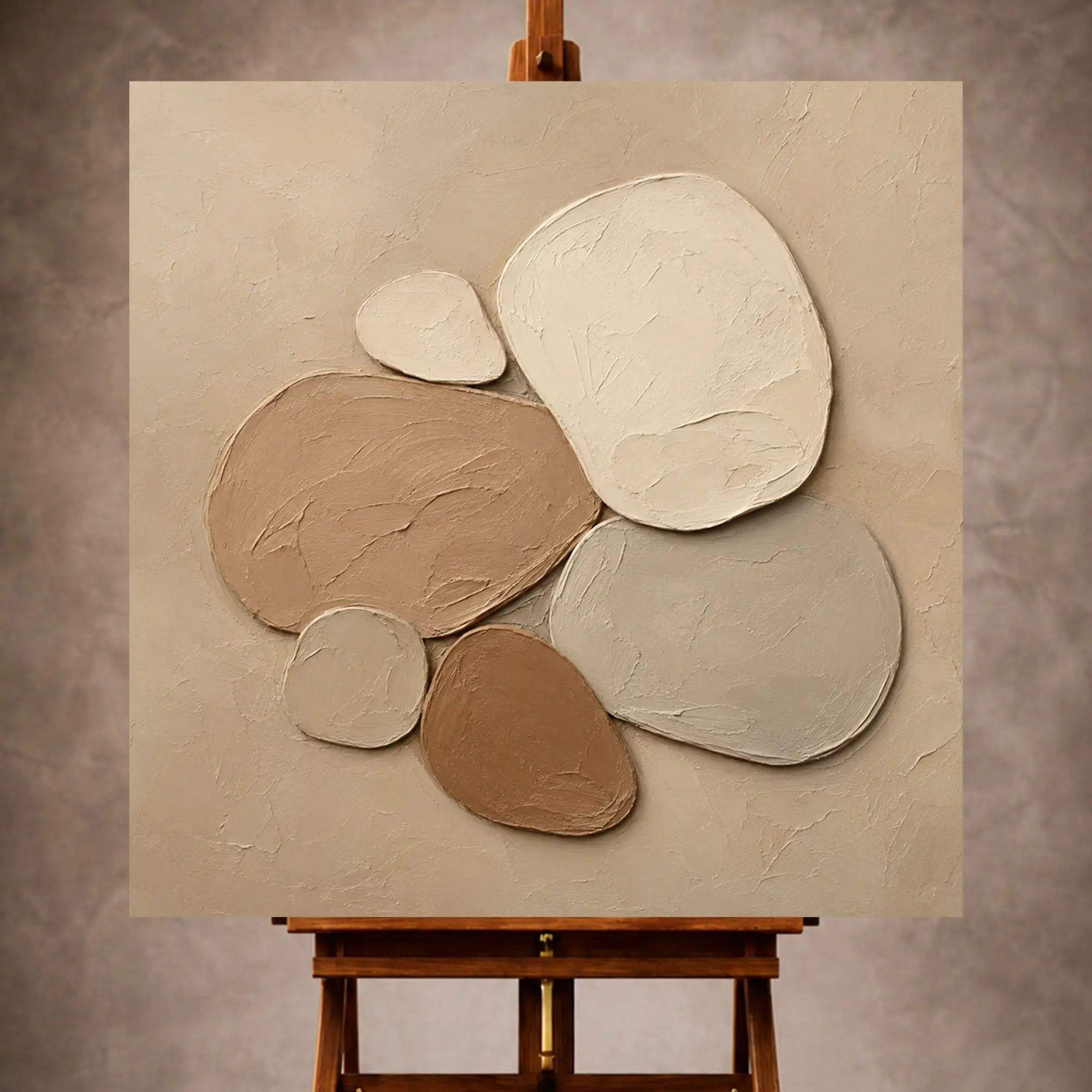 Premium Wall Art Kare Html Edition – MINIMALIST046 Image 1 Taupe and ivory Minimalist Wall Art print featuring a centered cluster of pebble-like organic forms for elegant interiors