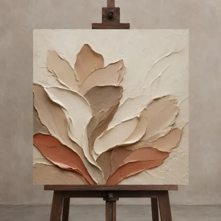Layered Petal Forms Minimalist Wall Art Canvas Print displayed on a studio easel