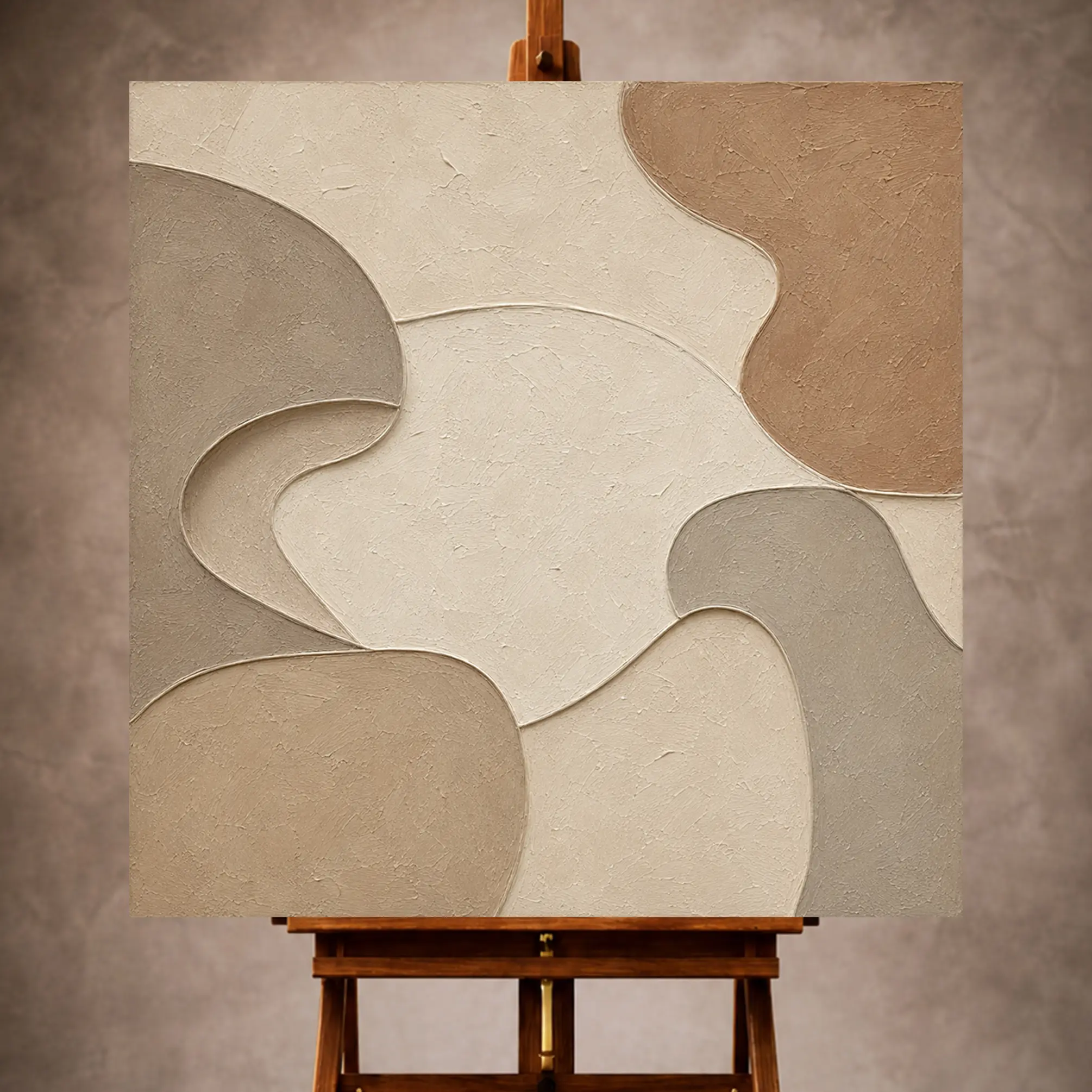 Premium Wall Art Kare Html Edition – MINIMALIST048 Image 1 Ivory and taupe Minimalist Wall Art print featuring interlocking limestone-inspired curved forms for elegant interiors