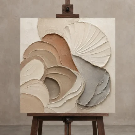 Luminous Shell Forms Minimalist Wall Art Canvas Print displayed on a studio easel
