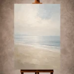 Beige and misty blue Minimal Landscape Wall Art print featuring a quiet shoreline for elegant coastal interiors