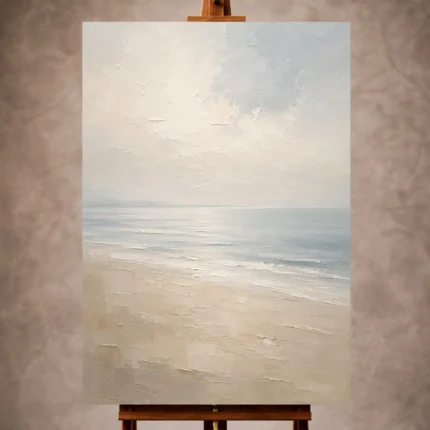 Beige and misty blue Minimal Landscape Wall Art print featuring a quiet shoreline for elegant coastal interiors