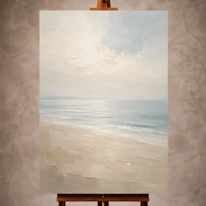 Beige and misty blue Minimal Landscape Wall Art print featuring a quiet shoreline for elegant coastal interiors