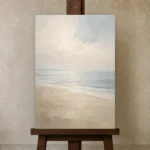 Misty Coastal Horizon Minimal Landscape Wall Art Canvas Print displayed on a studio easel