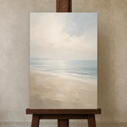 Misty Coastal Horizon Minimal Landscape Wall Art Canvas Print shown in Studio Easel