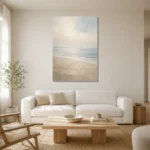 Misty Coastal Horizon Minimal Landscape Wall Art Canvas Print styled in a refined neutral interior