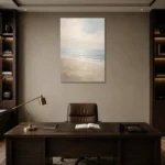 Misty Coastal Horizon Minimal Landscape Wall Art Canvas Print displayed in a contemporary gallery-inspired room