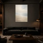 Misty Coastal Horizon Minimal Landscape Wall Art Canvas Print shown in a warm modern interior