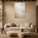 Misty Coastal Horizon Minimal Landscape Wall Art Canvas Print presented in a sophisticated home setting