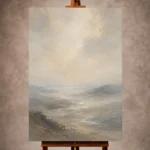 Soft gray and beige Minimal Landscape Wall Art print featuring a misty valley horizon for refined interiors