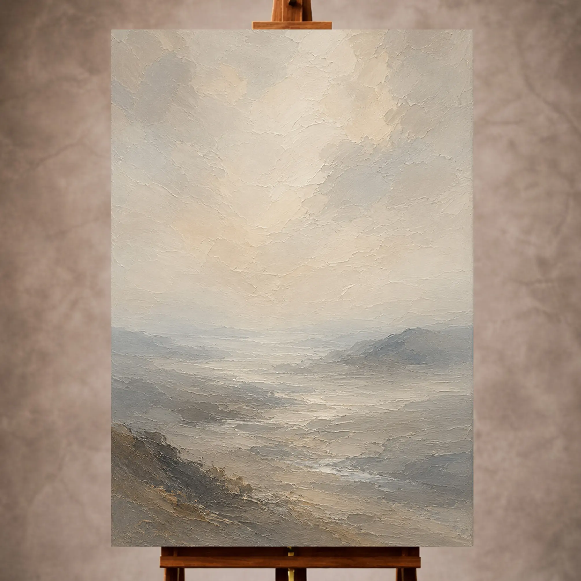 Premium Wall Art Dikey Html Edition – MINIMALIST053 Image 1 Soft gray and beige Minimal Landscape Wall Art print featuring a misty valley horizon for refined interiors