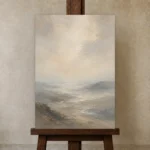 Hushed Valley Mist Minimal Landscape Wall Art Canvas Print displayed on a studio easel