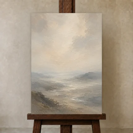 Hushed Valley Mist Minimal Landscape Wall Art Canvas Print shown in Studio Easel