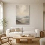 Hushed Valley Mist Minimal Landscape Wall Art Canvas Print styled in a refined neutral interior