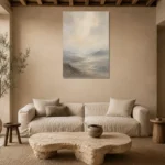 Hushed Valley Mist Minimal Landscape Wall Art Canvas Print presented in a sophisticated home setting