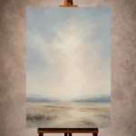Misty blue and warm beige Minimal Landscape Wall Art print featuring an open plain and thin horizon for elegant interiors