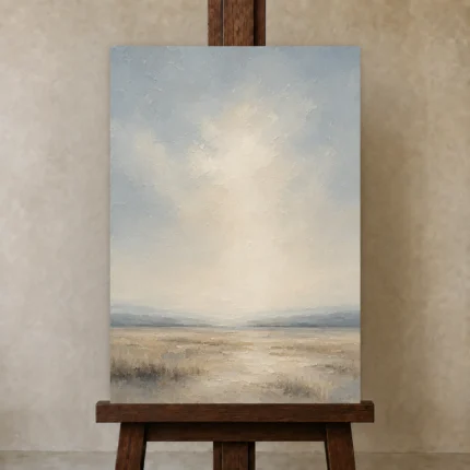 Luminous Open Plain Minimal Landscape Wall Art Canvas Print shown in Studio Easel