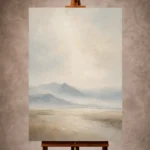 Misty blue and beige Minimal Landscape Wall Art print featuring faint mountain silhouettes for serene interiors