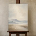 Misty Mountain Silence Minimal Landscape Wall Art Canvas Print displayed on a studio easel