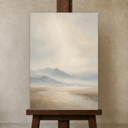 Misty Mountain Silence Minimal Landscape Wall Art Canvas Print shown in Studio Easel