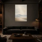 Misty Mountain Silence Minimal Landscape Wall Art Canvas Print shown in a warm modern interior