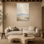 Misty Mountain Silence Minimal Landscape Wall Art Canvas Print presented in a sophisticated home setting