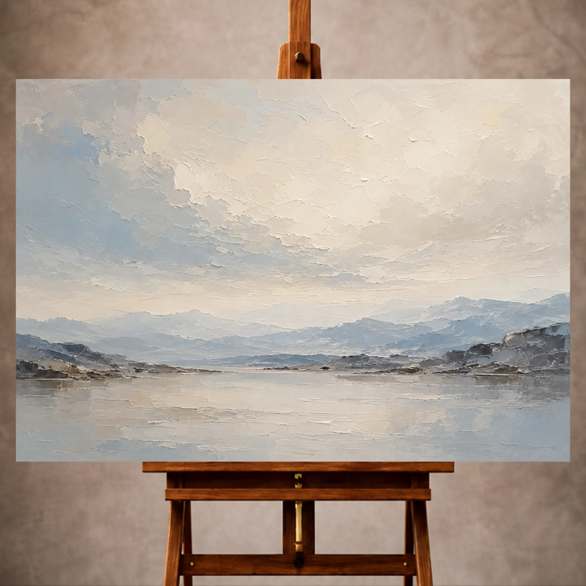 Premium Wall Art Yatay Html Edition – MINIMALIST056 Image 1 Misty blue and beige Minimal Landscape Wall Art print featuring a delicate horizon and layered mist for elegant interiors