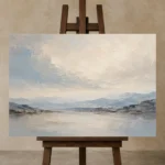 Serene Horizon Minimal Landscape Wall Art Canvas Print displayed on a studio easel