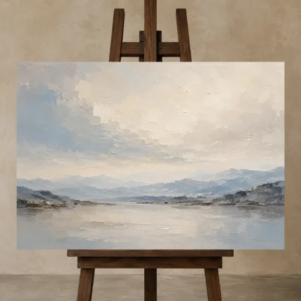 Serene Horizon Minimal Landscape Wall Art Canvas Print displayed on a studio easel