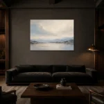 Serene Horizon Minimal Landscape Wall Art Canvas Print shown in a warm modern interior