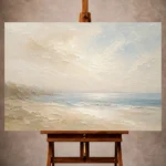 Misty blue and sandy beige Minimal Landscape Wall Art print featuring a softened shoreline for elegant coastal interiors