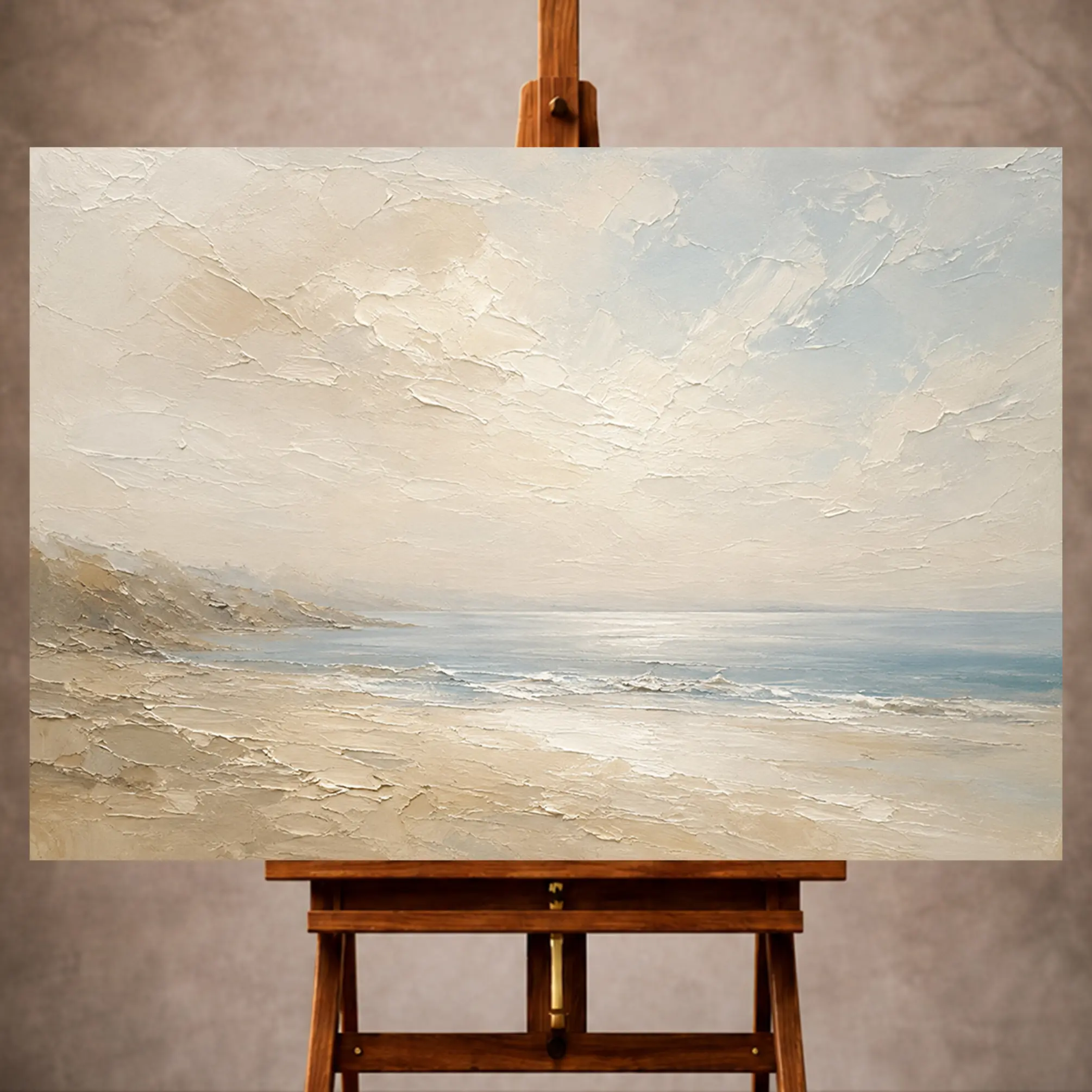 Premium Wall Art Yatay Html Edition – MINIMALIST057 Image 1 Misty blue and sandy beige Minimal Landscape Wall Art print featuring a softened shoreline for elegant coastal interiors