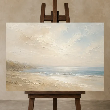 Tranquil Coastal Horizon Minimal Landscape Wall Art Canvas Print displayed on a studio easel
