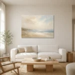 Tranquil Coastal Horizon Minimal Landscape Wall Art Canvas Print styled in a refined neutral interior