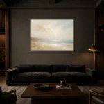 Tranquil Coastal Horizon Minimal Landscape Wall Art Canvas Print shown in a warm modern interior