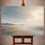 Misty blue and warm beige Minimal Landscape Wall Art print featuring an expansive plain and drifting mist for elegant interiors